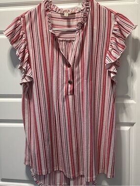 Pink & White Striped Ruffle Sleeve Blouse